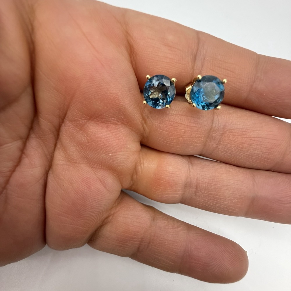 Estate 14K Gold 8mm London Blue Topaz Stud Earrings 2.5 Carat 2.49 Grams